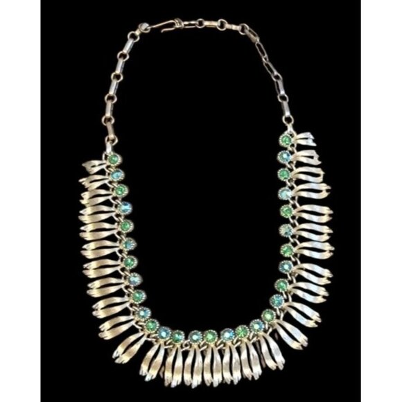 Vtg Lisner Gold Tone Green Blue Rhinestones Choker Necklace 13-16” Hook Clasp - Picture 1 of 8